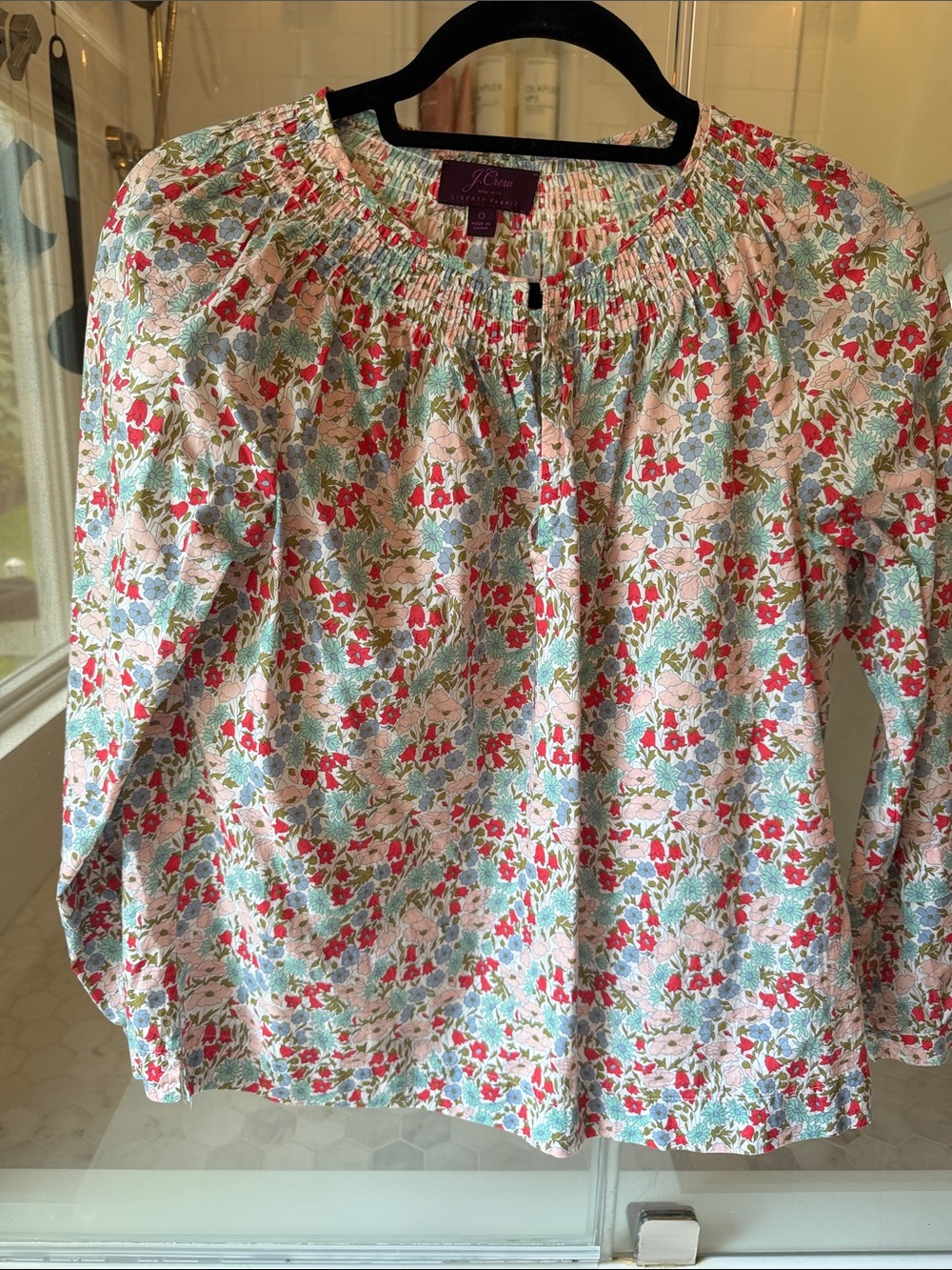 J. Crew Liberty Floral Smocked Yoke Blouse in Pink, Red & Blue